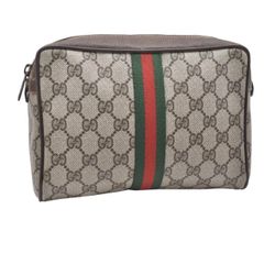 Authentic GUCCI Web Sherry Line Clutch Hand Bag Purse GG PVC Leather Brown 4768K