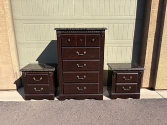 Dark Wood Tall Dresser and Matching Nightstand Set with Faux Marble Tops FREE DELIVERY