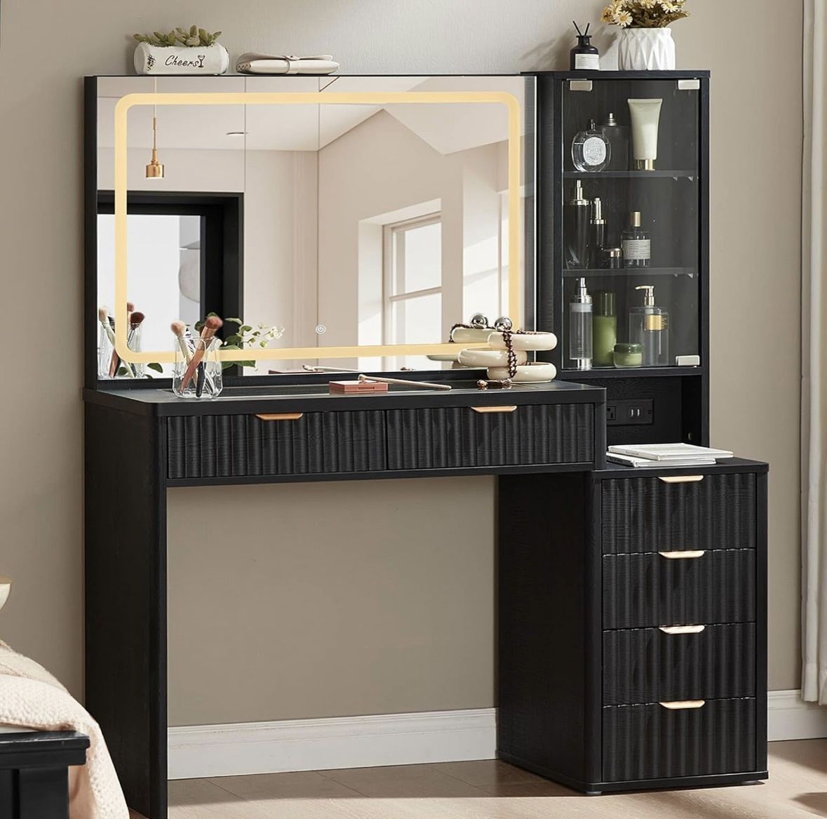 Brand New Black 43.5" Fluted Makeup Vanity Desk LED Mirror, Glass Top, Charging Station, 6 Drawers