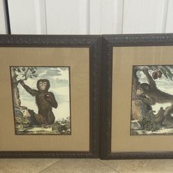 Pair Of Monkey Prints Antique Look 20x23 Framed Behind Glass