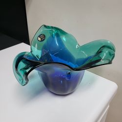 Large Murano White Crystal Cobalt to Green Art Glass Tulip 