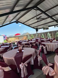 Table cloths, chair covers, chair bows, table runners