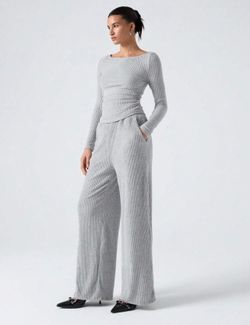 Women's Ribbed Loose Boat Neck Top And Wide-Leg Pants Set