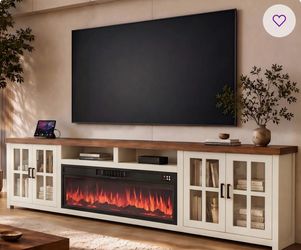 Lurdes 98” Solid Wood Fireplace TV Stand, Entertainment Center 40” WI-Fi Electric Fireplace, Modem Media Console With Tempered Glass Doors For Living