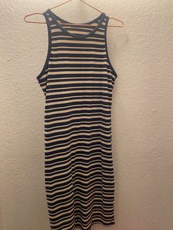 Navy and Cream Striped Sleeveless Midi Dress