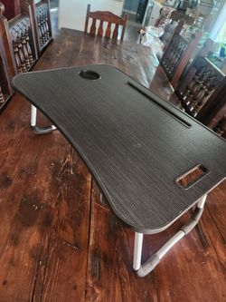 Folding laptop bed tray / lap desk with cup holder and tablet slot.