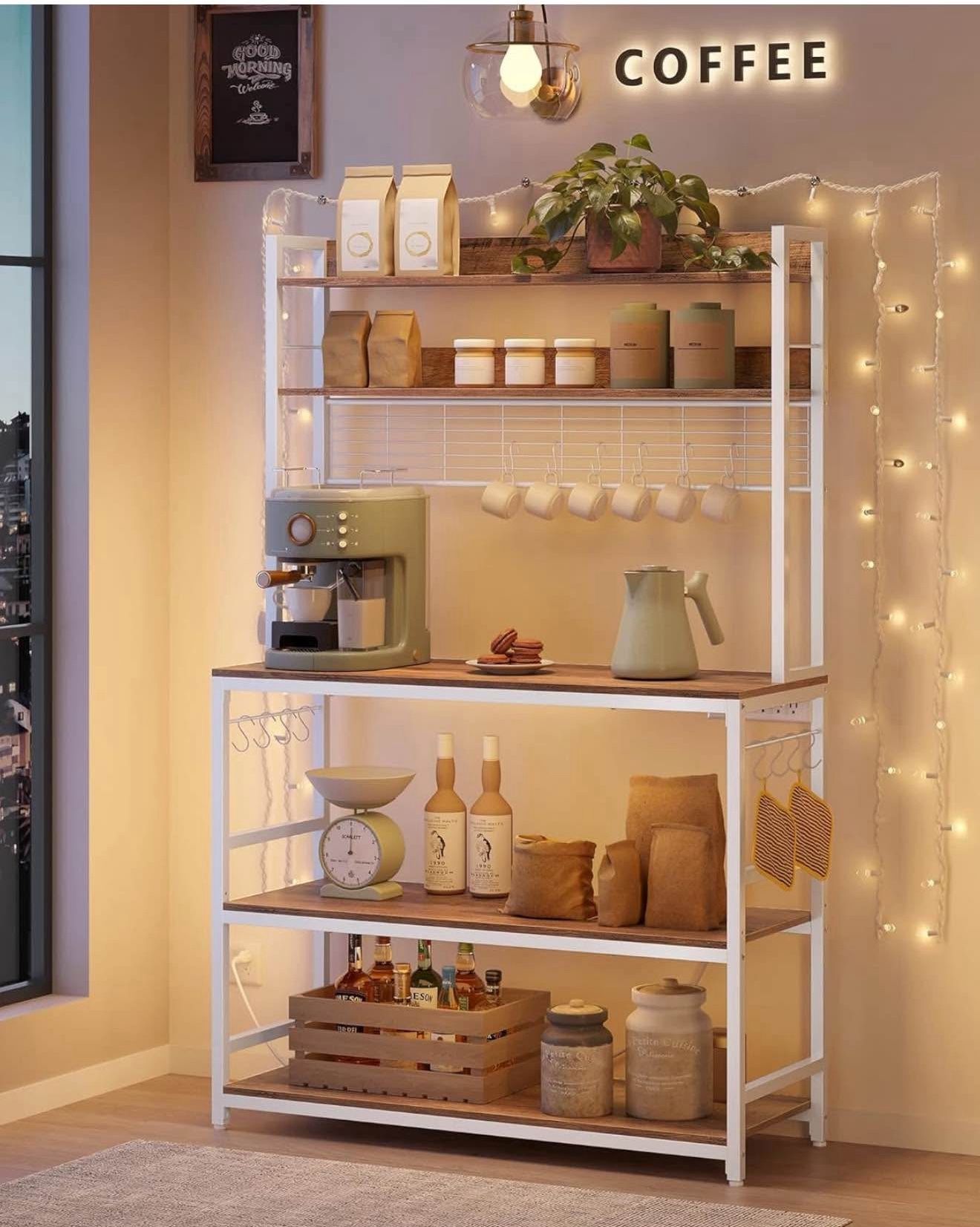 Hutch Bakers Rack with Power Outlet, 14 Hooks Microwave Stand, Adjustable Coffee Bar with Metal Wire Panel, Kitchen Storage Shelf, 15.7 x 3