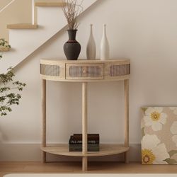 Rattan Half Moon Console Table, Modern Entryway Table with Drawer, Natural 