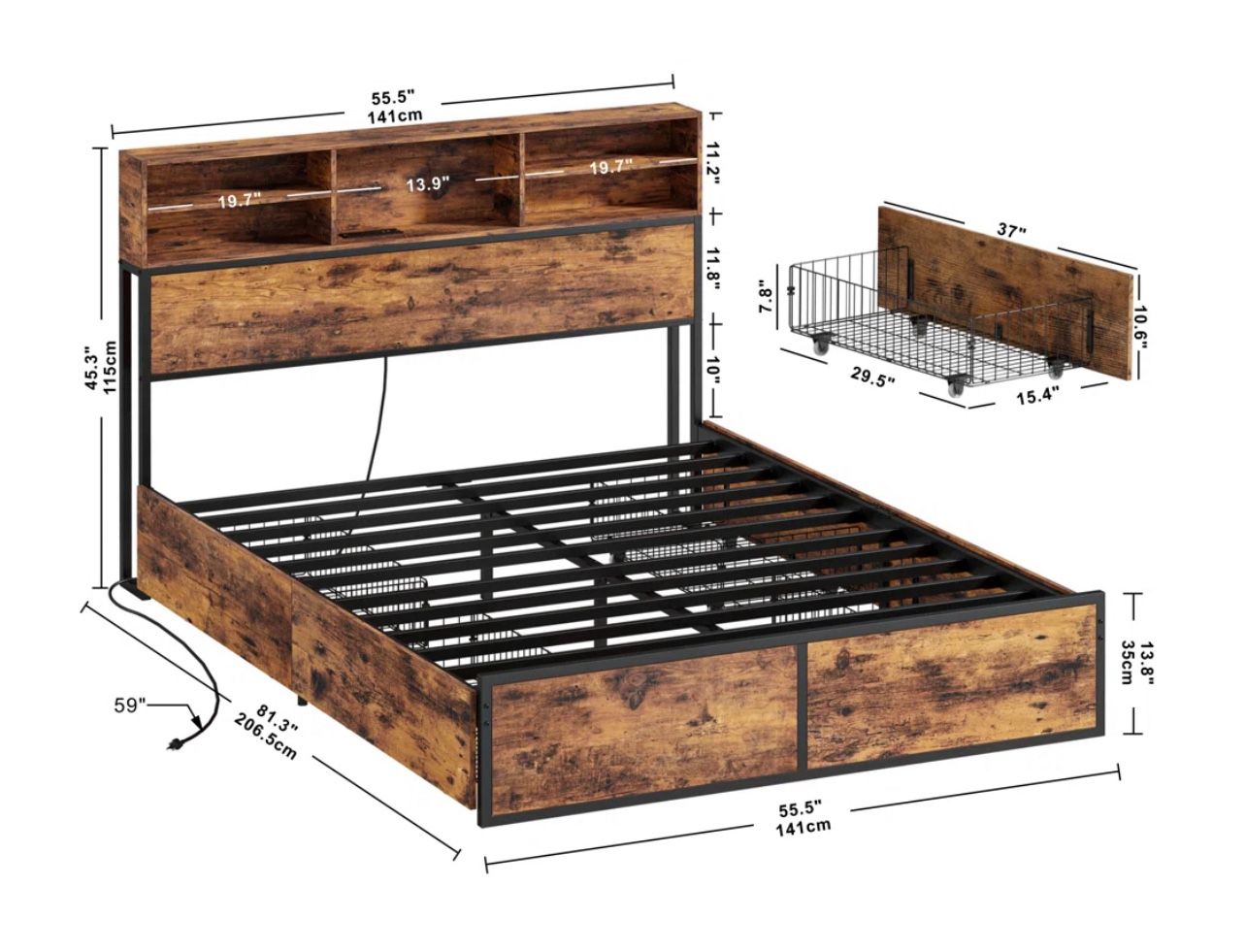 Bedroom Size Full Bed With 4 Storage On Side With LED And Charging Bracket Comes With Matures And 8 Door Drawer