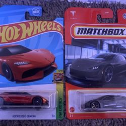 Hot Wheels Red KOENIGSEGG GEMERA & Matchbox Tesla Roadster 
