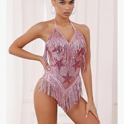 Star Sequins Fr inge Bodysuit Halter V Neck Music Festival Party