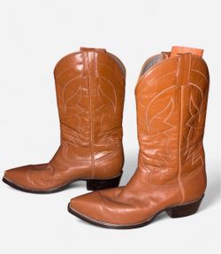 Men’s dark brown leather cowboy boots with white stitching
