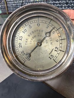 130 yr. Old Antique Webster Steam Heating Gauge – 5½-Inch Diameter  Unique antique gauge marked “The Webster System of Steam Heating,” featuring a 5½-