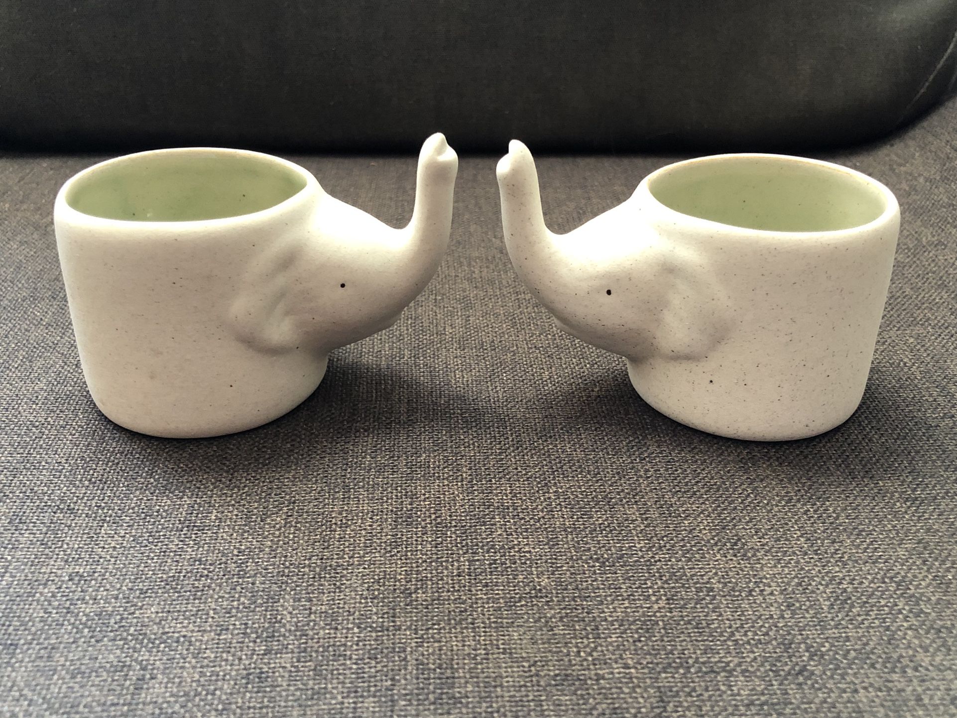 2x Elephant Espresso Cup Ceramic Trunk Handle Coffee Tea White Green Glazed (Silver Lake)