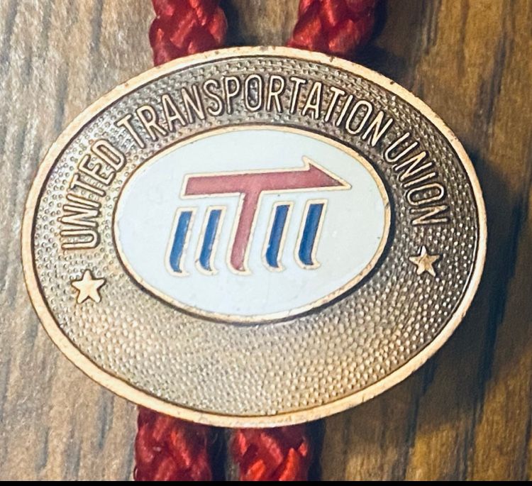 Vintage United Transport Union Bolo Tie Copper Red Ribbon Advertisement Airplane