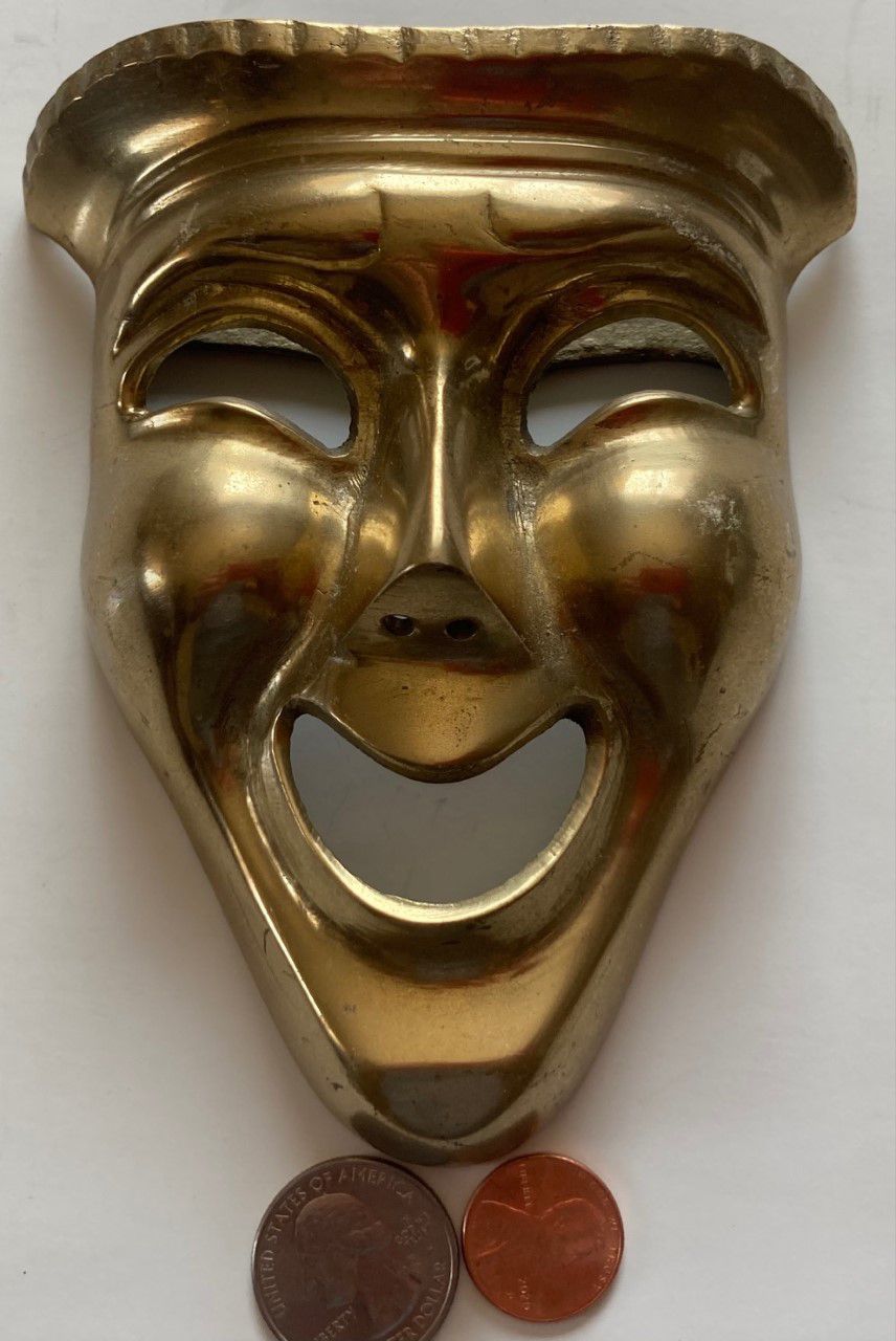 Vintage Metal Brass Wall Hanging Face Mask, Heavy Duty Metal, Quality, 5" Tall, Home Decor, Wall Decor, Shelf Display, This Can Be Shined Up Even More