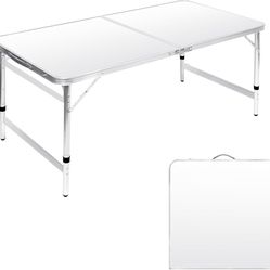 4 Ft Foldable Picnic Table Portable 3 Height Adjustable Aluminum Camp Table Outdoor for Card BBQ White 47.2×23.6 inch