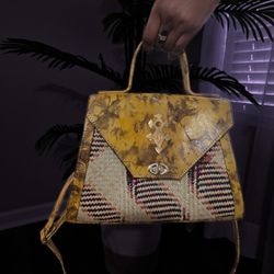Handmade Leather & Woven Raffia Top-Handle Bag, African Artisan Purse, Yellow Marbled Flap
