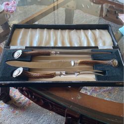 Abott Of England Knife Fork And Sharpener Engraved Silver On Staghorn Handles
