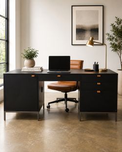 Kathy Kuo Home Theodore Industrial Loft Black Wood Grey Iron 1 Door 4 Drawer Executive Desk