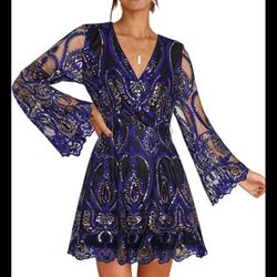 Elegant V-Neck Sequin Patchwork Dress