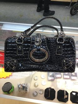 Black Patent Croc-Embossed Handbag
