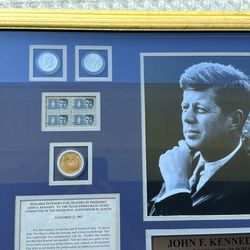 JFK/John F Kennedy Framed Display w/1964 Silver Half-Dollars  & US Mint Medal