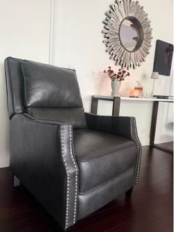 Elegant Gray Leather Lounge Chair with Nailhead Trim