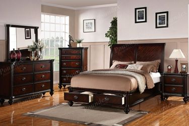Brand new cherry queen platform bed frame with footboard drawers and 59" headboard, mattress is extra.