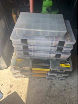 Lot Of 8 Tackle Storage Organizers - Filled Nuts Bolts Clips etc.. Toolbox