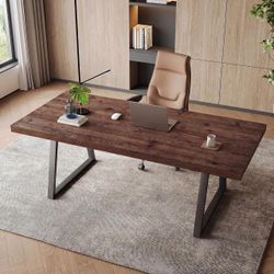 63-Inch Solid Wood Executive Desk, Industrial Office Workstation - Dark Brown & Black