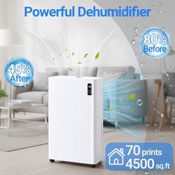 4500 Sq.Ft Energy Star Most Efficient 2025 Dehumidifier with Dul-LED Display, 70 Pints/Day Max Compressor Portable Dehumidifier with Drain Hose, Intel