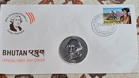 1982 Bhutan Official First Day Cover Envelope Containing a Double Eagle Commemorative Coin Layered in .999 Silver With COA and postage stamp celebrati