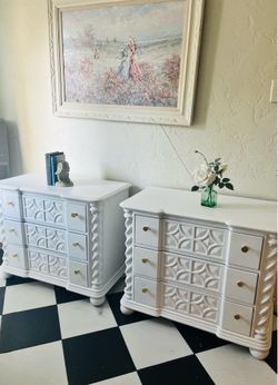 White Carved Wood Dresser Set of Two Nightstands