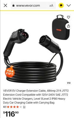 VEVOR EV Charger Extension Cable, 48Amp 21 ft J1772 Extension Cord Compatible with 120V-240V SAE J1772 Electric Vehicle Chargers, Level 1/Level 2 IP66