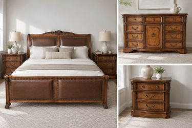 Luxury King Sleigh Bed with Leather Inlay and Matching Burl Wood Nightstand