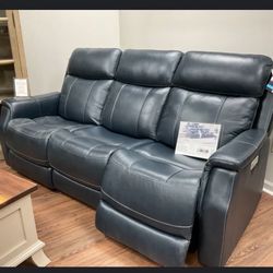  Reclining gray Blue Authentic! 100% Italian Leather, 3 Seats Two Recline Good Cond Retail $2999