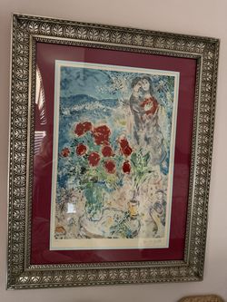 Marc Chagall Red Bouquet Lovers Lithograph Framed & Signed