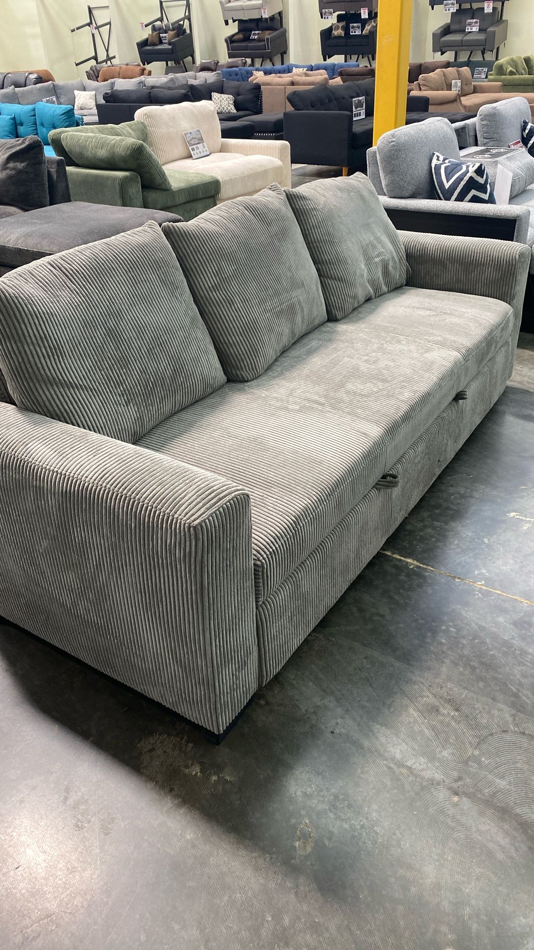 SLEEPER SOFA - Gray Or Ivory Corduroy Fabric Loose Back Cushions Queen Size Bed