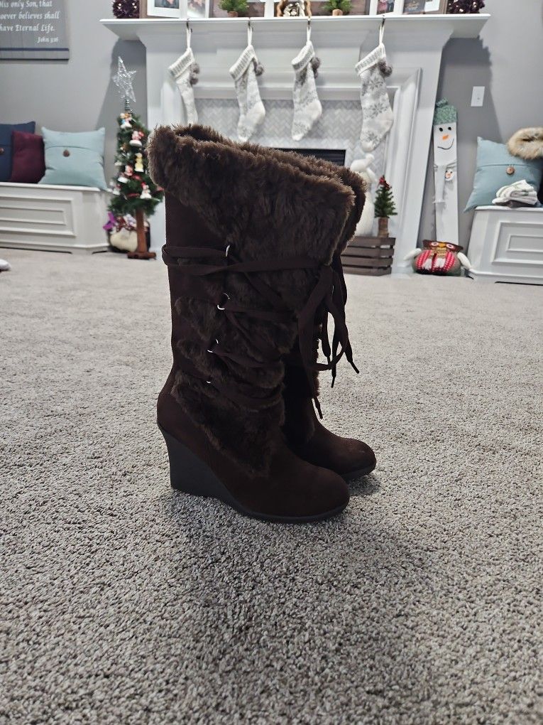 Brown Rasolli Wedge Heel Boots, Size 6