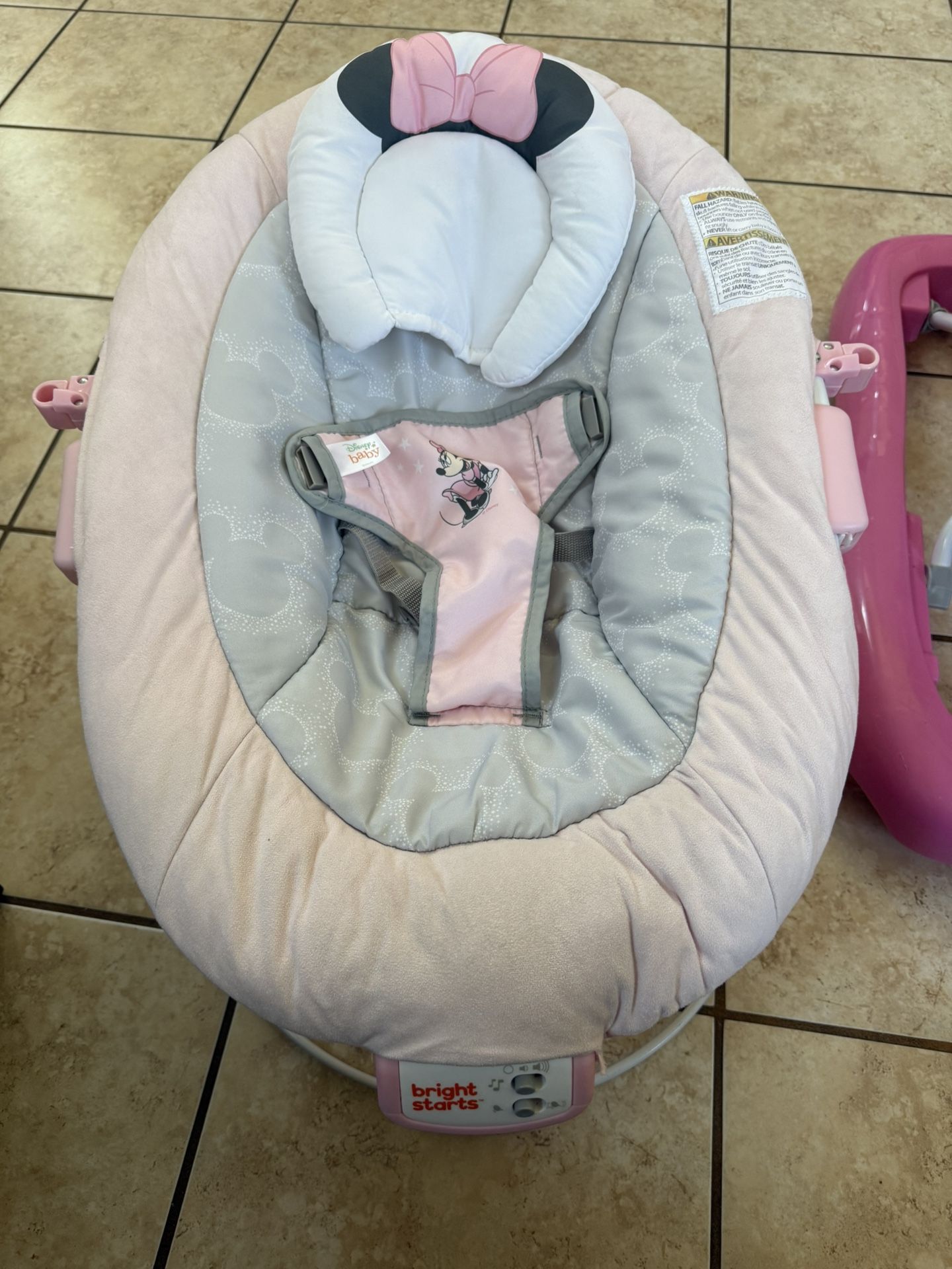 Bright Starts Disney Baby Minnie Mouse Comfy Baby Bouncer Soothing Vibrations Infant Seat - Music, Removable -Toy Bar, 0-6 Months Up to 20 lbs (Rosy S
