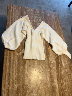 Cream Ribbed Knit V-Neck Balloon Sleeve Top