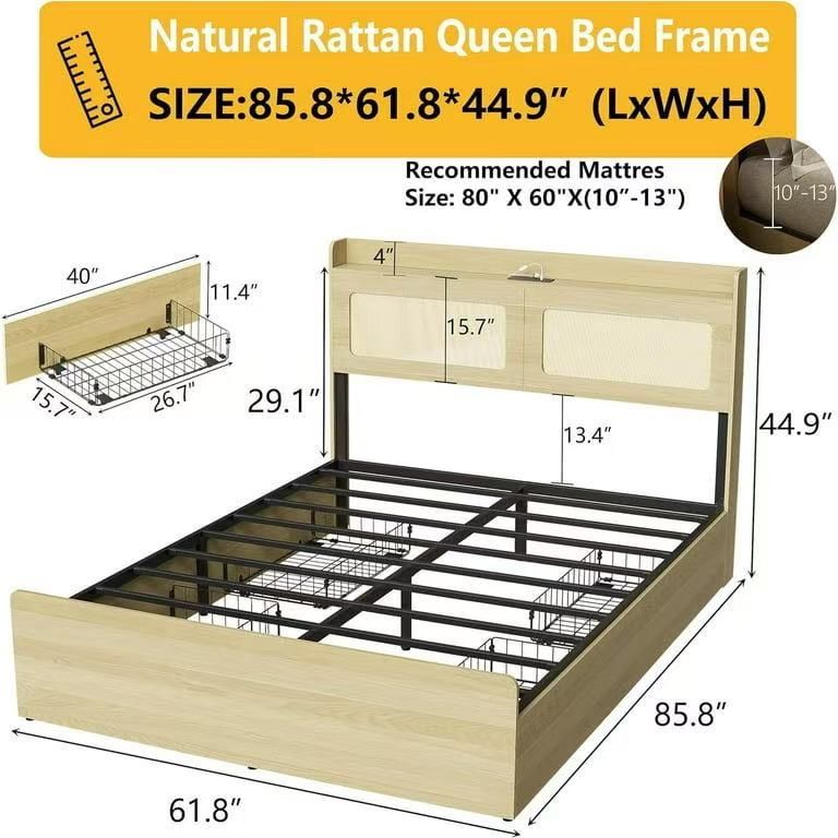🔥Special Wooden Platform Bed Frame Queen Size with Natural Rattan Headboard, with 4 Storage Drawers & Charging Station & LED $120 