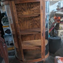 Nice Antique Oak China Closet With Original Curved Glass