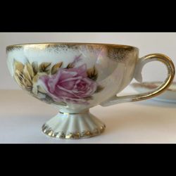 Arnart 5th Ave 2090 footed Tea Cup Saucer Vintage Floral Gold Rim Lusterware Pink and Yellow Roses