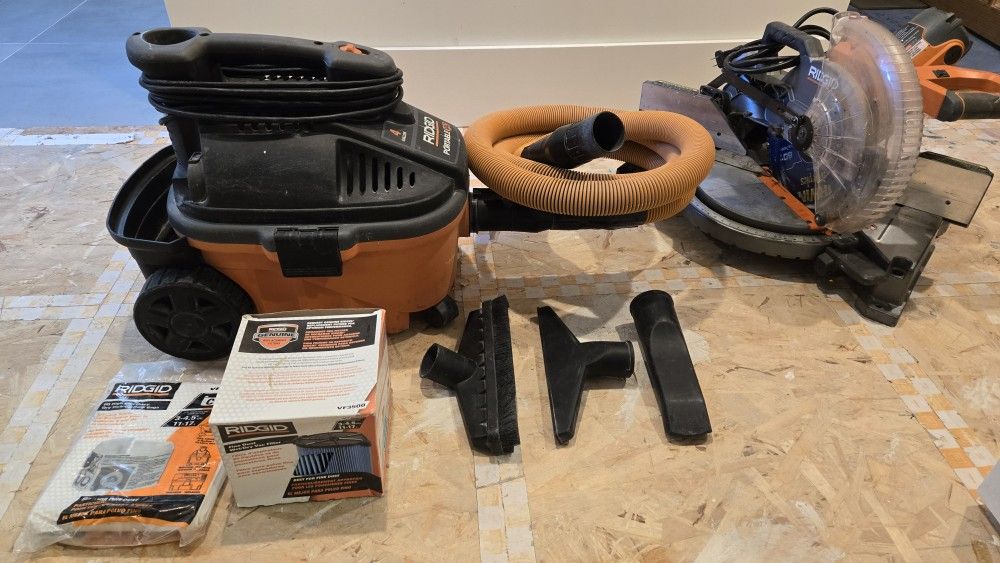 Ridgid 10" Miter Saw And Shopvac With Extra Supplies