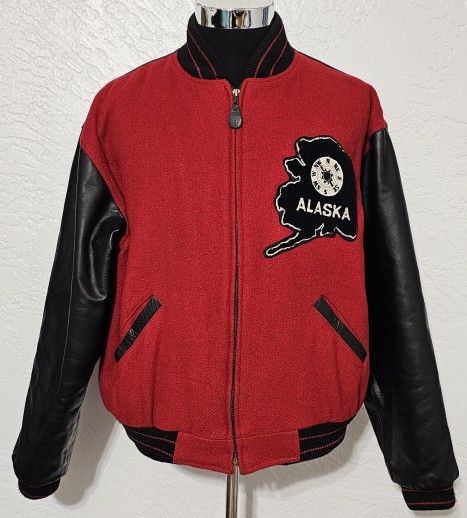 Vintage Alaska Fishing Varsity Jacket Wool Leather Bomber Coat Men Large 80s 90s