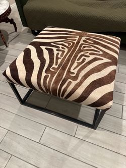 Brown & Cream Zebra-Pattern Ottoman, 30″ Square