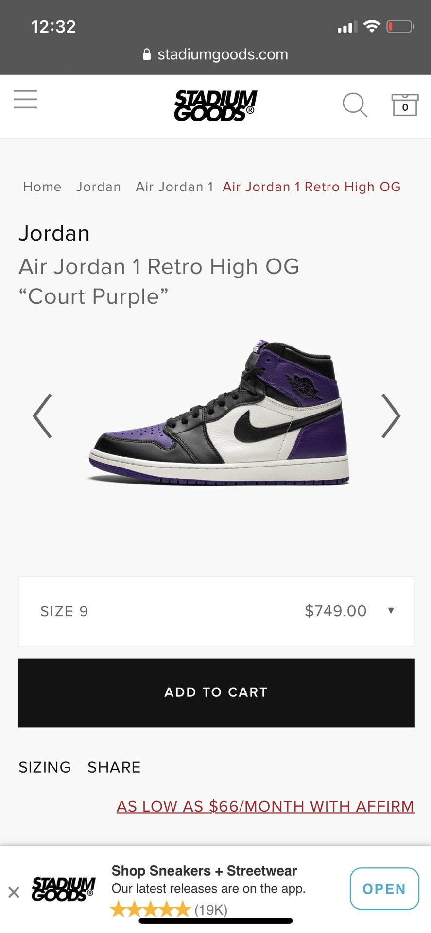 Air Jordan 1 High OG - Court Purple Size 9