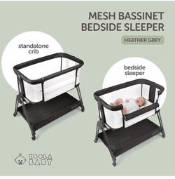 Koola Baby Bassinet Side sleeper Travel Crib Adjustable Height Storage Shelf Wheels Grey